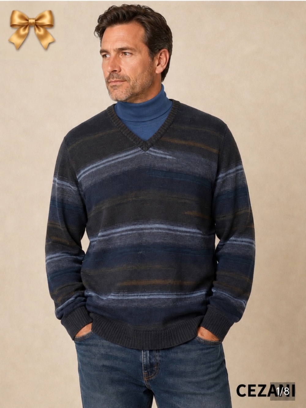 Cezani Striped Wool Blend Sweater Men’s Large V-Neck Navy Blue Gray